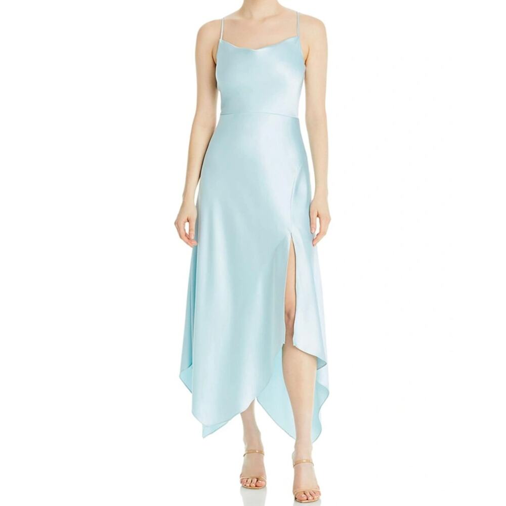 Xscape Dress Women 4 Blue Satin Midi Handkerchief Asymmetric Party Cocktail READ